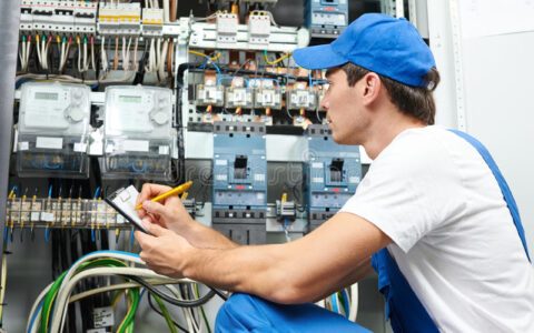 electrician-worker-inspecting-young-adult-builder-engineer-electric-counter-equipment-distribution-fuse-box-33200727